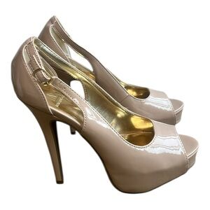 Material Girl Nude Patent Peep Toe Platform 5” High Heels